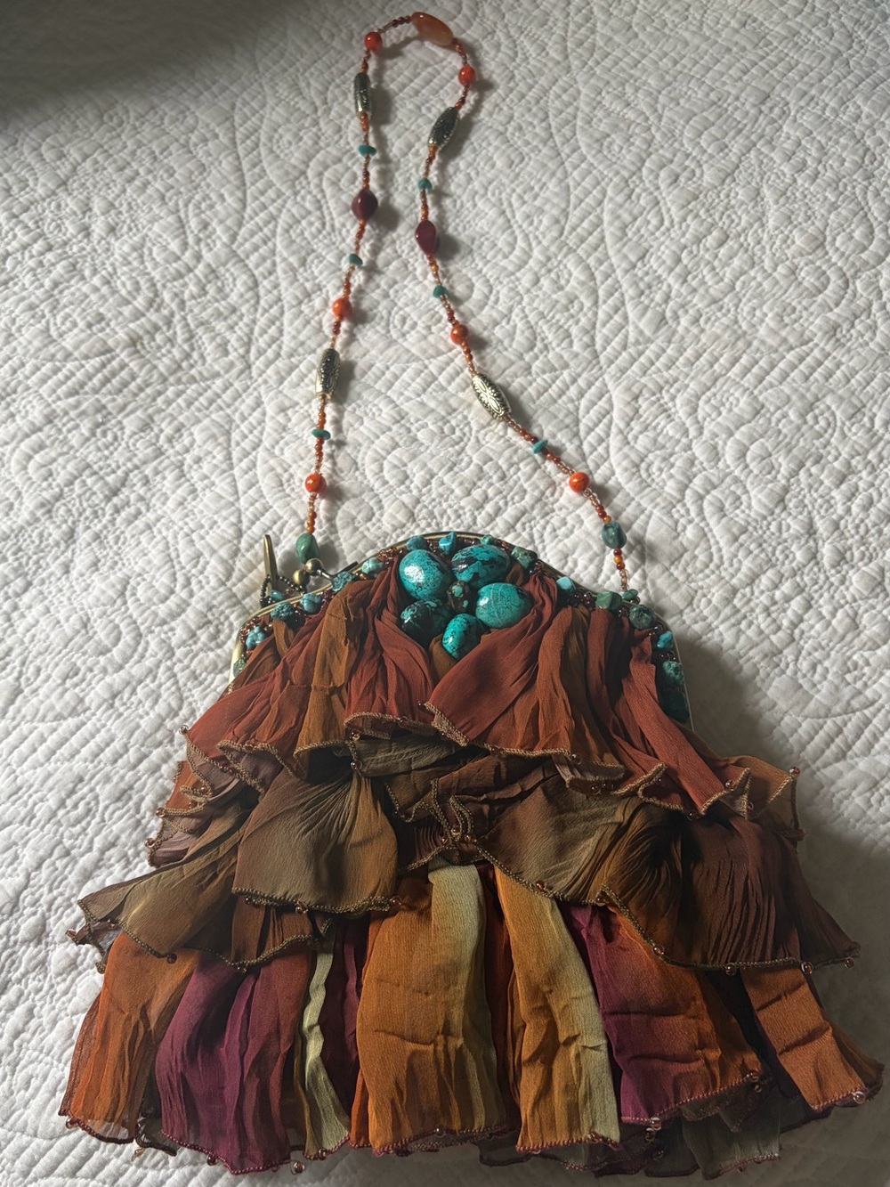 Mary Frances Multicolor Ruffled Crossbody with Turquoise Bead Accents